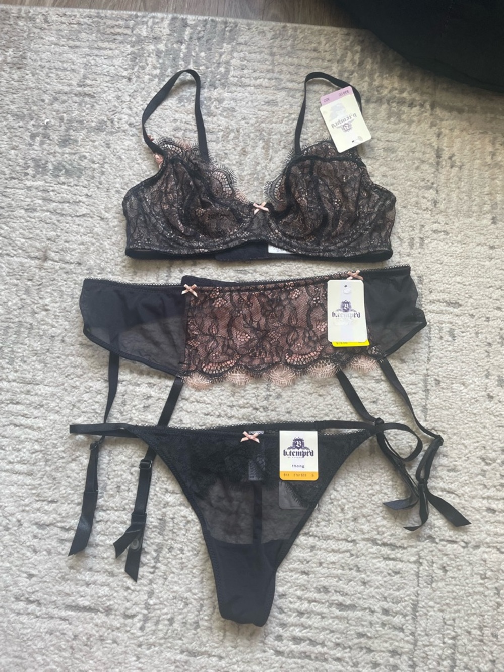 NWT b.tempt’d Black & Blush Lace Lingerie Set - Bra, Garter Belt & Thong